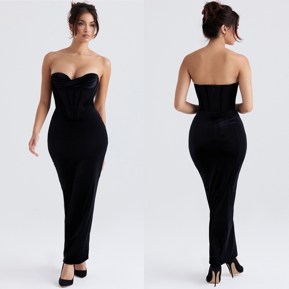 HOUSE OF CB 'Thalia' Black‎ Velvet Corset Maxi Dress NWOT size S - Picture 3 of 17